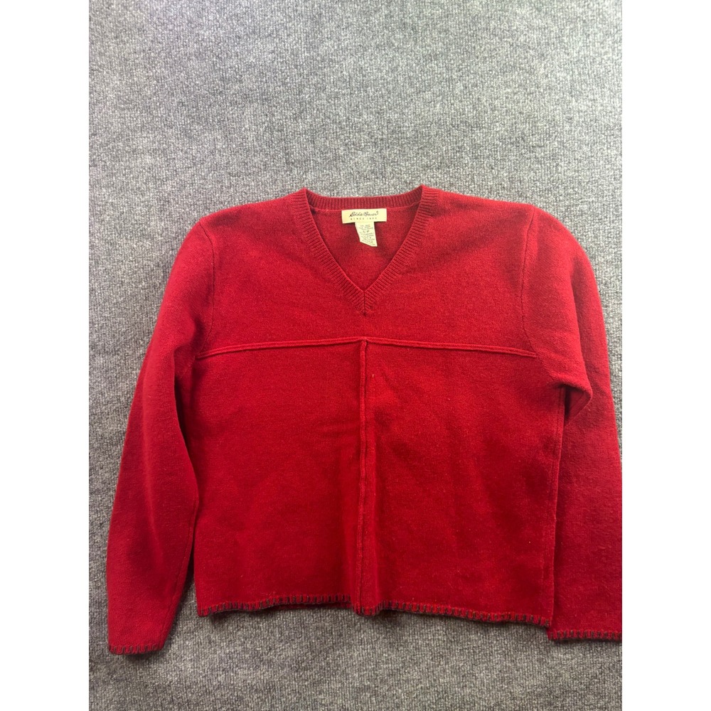 Eddie Bauer V-Neck Sweater Womens Small Red Lambswool Exposed Seam Knit